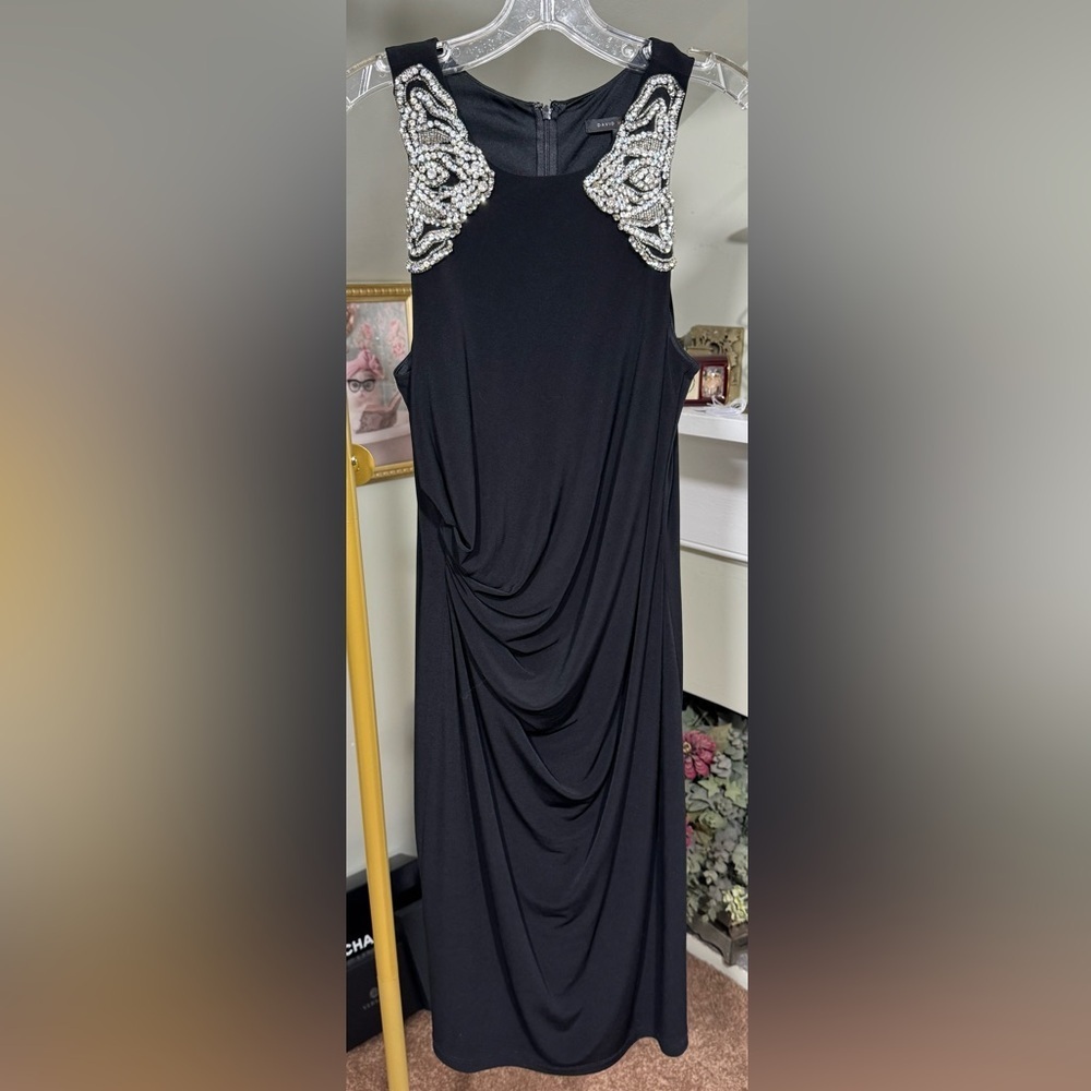 NWOT David Meister Black Draped Women’s Evening Dress w/Gorgeous Embellishment